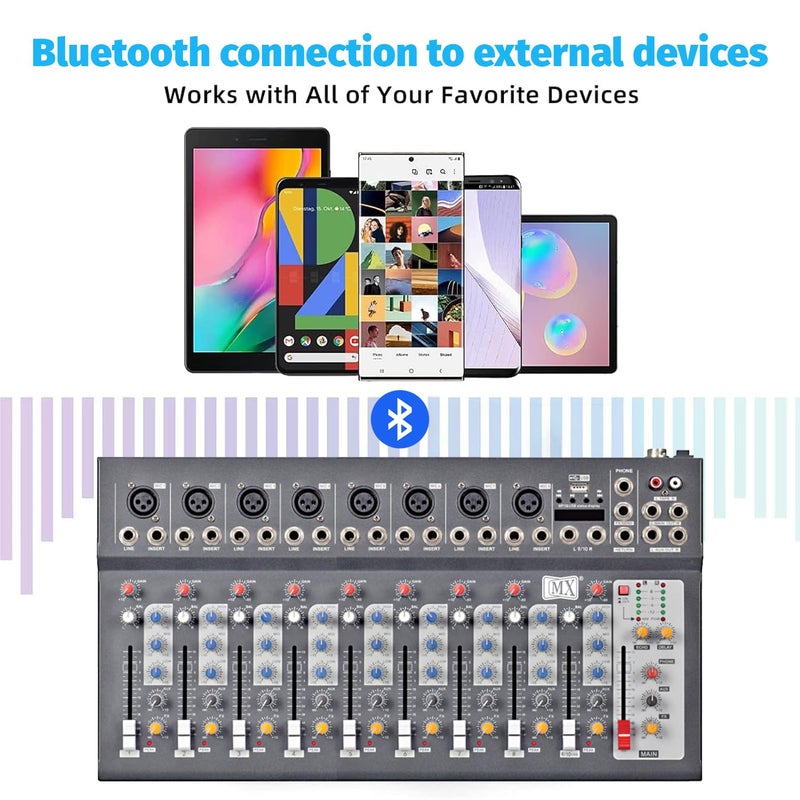 MX 10-Channel Audio Mixer with Bluetooth & USB – Professional DJ Console for Live Streaming, Karaoke, Studio Recording, and Multi-Purpose Audio Mixing - Image 4