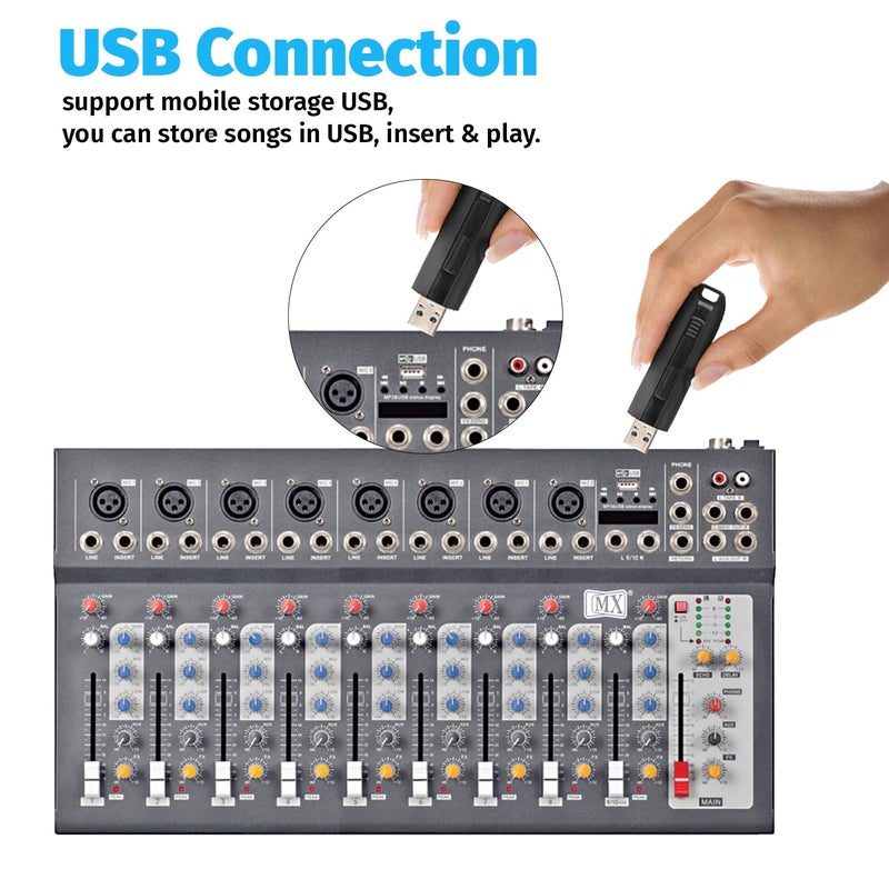 MX 10-Channel Audio Mixer with Bluetooth & USB – Professional DJ Console for Live Streaming, Karaoke, Studio Recording, and Multi-Purpose Audio Mixing - Image 5