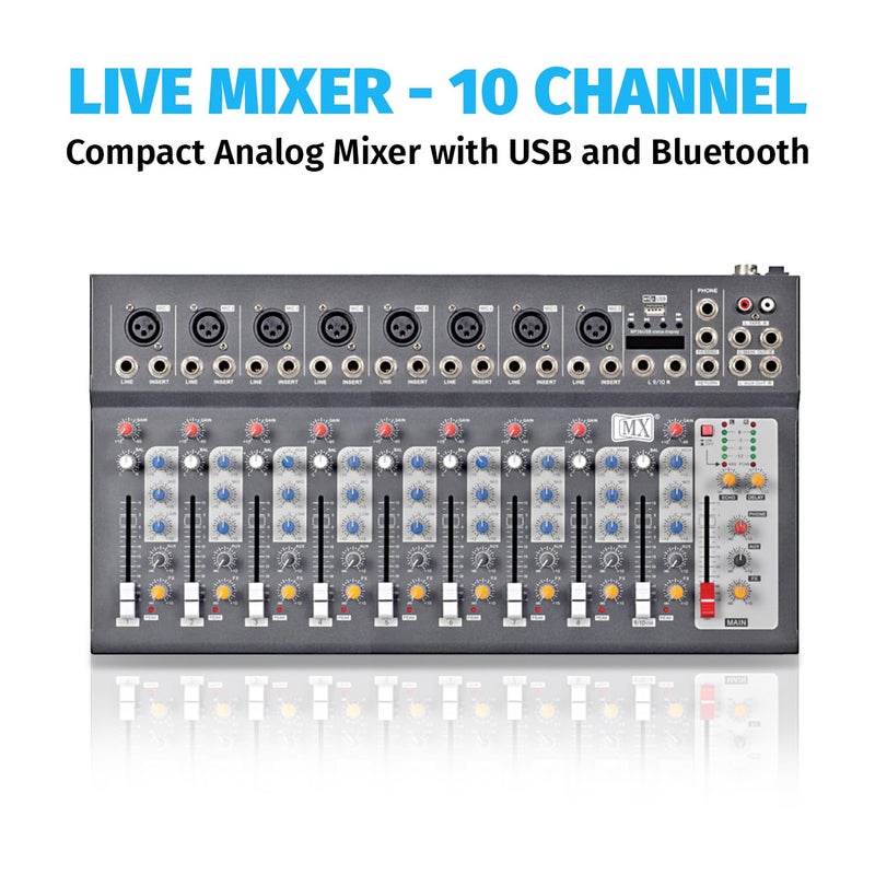 MX 10-Channel Audio Mixer with Bluetooth & USB – Professional DJ Console for Live Streaming, Karaoke, Studio Recording, and Multi-Purpose Audio Mixing - Image 2