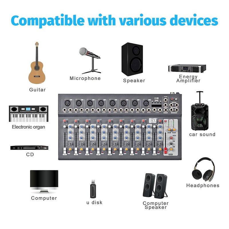 MX 10-Channel Audio Mixer with Bluetooth & USB – Professional DJ Console for Live Streaming, Karaoke, Studio Recording, and Multi-Purpose Audio Mixing - Image 3