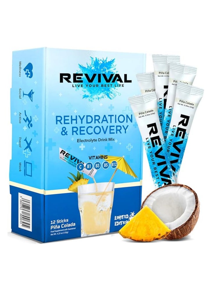 REVIVAL - Revival Rapid Rehydration, Electrolytes Powder - High Strength Vitamin C, B1, B3, B5, B12 Supplement Sachet Drink, Effervescent Electrolyte Hydration - 12 Pack Pina Colada (12 Count (Pack of 1)) - Image 1