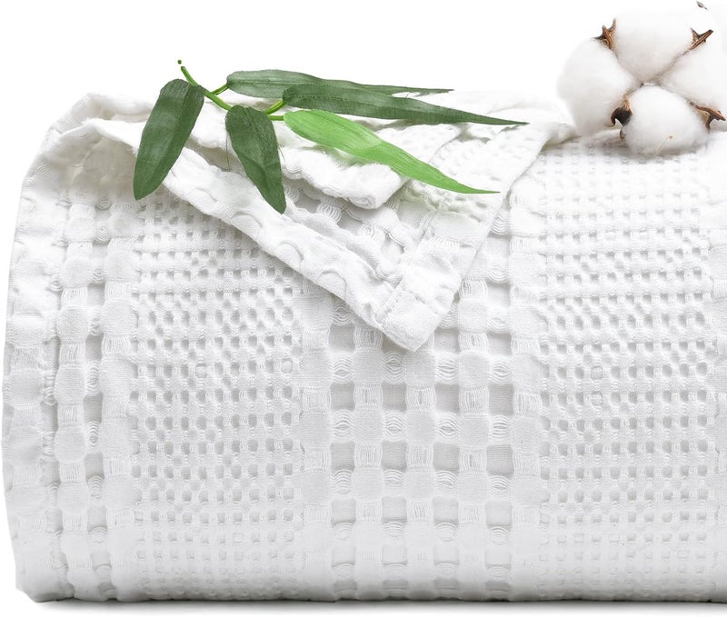 PHF Bamboo Cotton Waffle  Blanket Queen(228 cm x 228 cm) for Couch, Bed, Snag Proof for Spring Summer Lightweight Breathable, White - Image 1