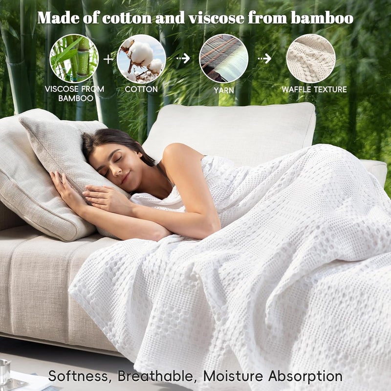 PHF Bamboo Cotton Waffle  Blanket Queen(228 cm x 228 cm) for Couch, Bed, Snag Proof for Spring Summer Lightweight Breathable, White - Image 2