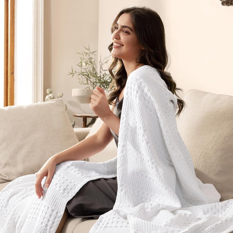 PHF Bamboo Cotton Waffle  Blanket Queen(228 cm x 228 cm) for Couch, Bed, Snag Proof for Spring Summer Lightweight Breathable, White - Image 5