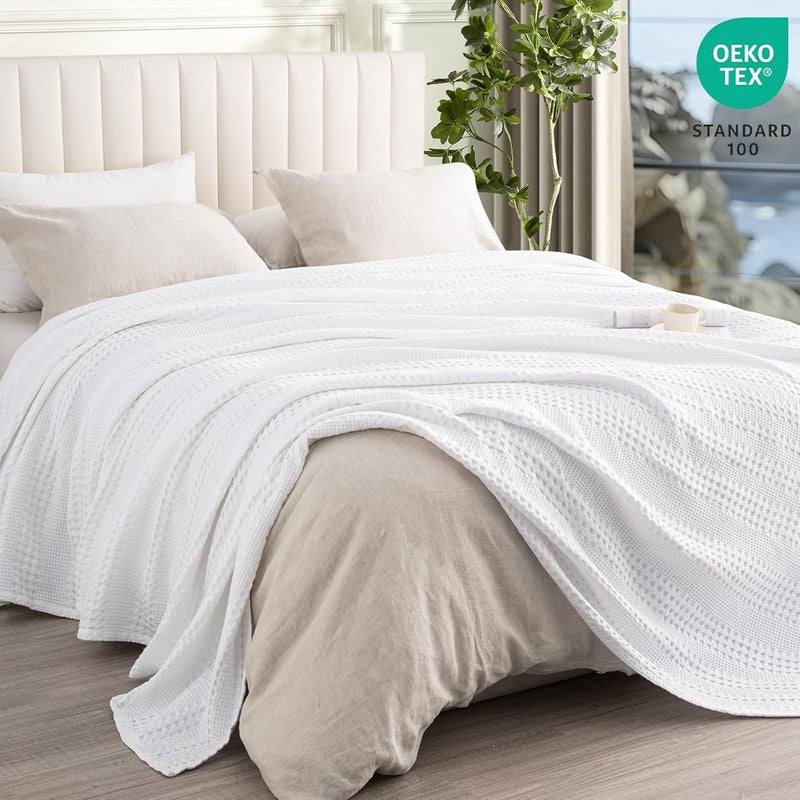 PHF Bamboo Cotton Waffle  Blanket Queen(228 cm x 228 cm) for Couch, Bed, Snag Proof for Spring Summer Lightweight Breathable, White - Image 3