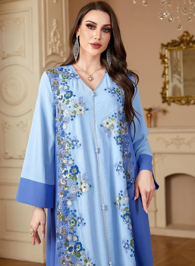Take Two  Women Blue Flower Detail V-Neck Jalabiya for Women | Best Price UAE