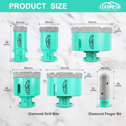 LEKOMESH Diamond Core Drill Bits Set 6pcs Tile Hole Saw Kit for Porcelain Tile Ceramic Marble Brick Concrete with 5/8-11 Thread(25/35/50/65/75mm+20mm Finger Bit) - Image 2