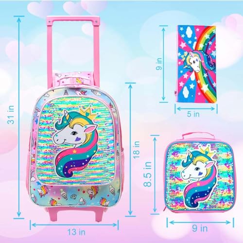 gxtvo Rolling Backpack for Girls, Roller Wheels Kids Bookbag - Wheeled Suitcase Elementary Sequin School Bag - 3PCS Unicorn - Image 4