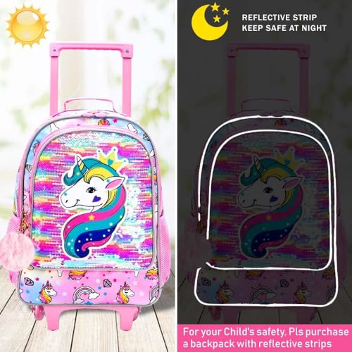 gxtvo Rolling Backpack for Girls, Roller Wheels Kids Bookbag - Wheeled Suitcase Elementary Sequin School Bag - 3PCS Unicorn - Image 3