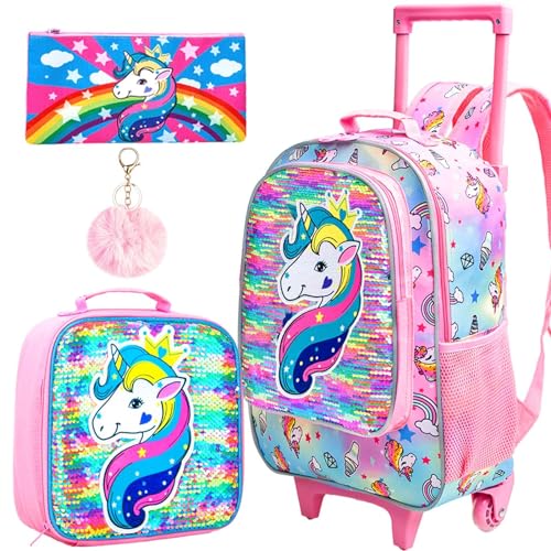 gxtvo Rolling Backpack for Girls, Roller Wheels Kids Bookbag - Wheeled Suitcase Elementary Sequin School Bag - 3PCS Unicorn - Image 1