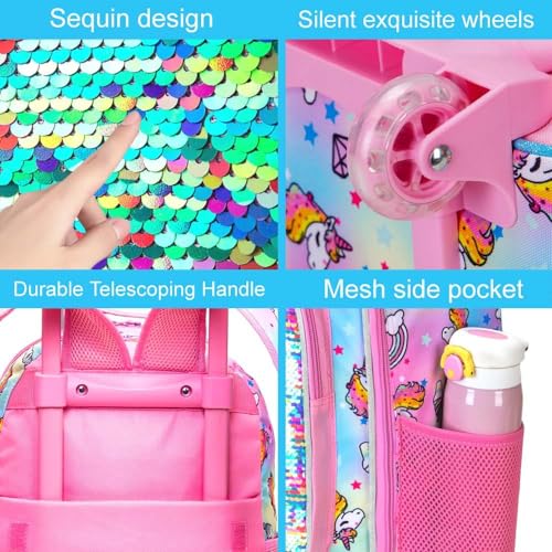 gxtvo Rolling Backpack for Girls, Roller Wheels Kids Bookbag - Wheeled Suitcase Elementary Sequin School Bag - 3PCS Unicorn - Image 5
