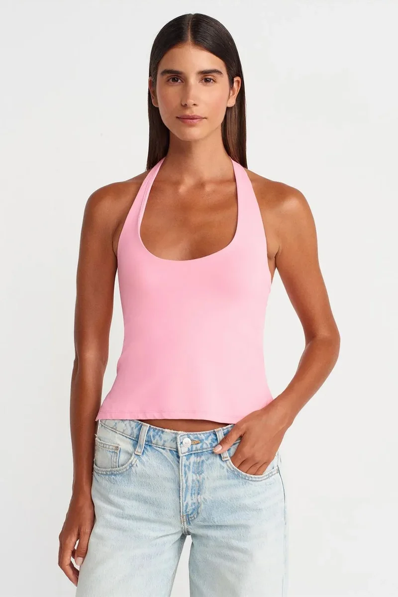DILVIN Women's Slim Fit Halter Neck Cut-Out Top