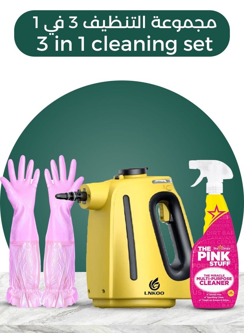 LNKOO 3-in-1 Steam Cleaning Set – High Pressure Handheld Steam Cleaner + The Pink Stuff Multi-Purpose Spray + Waterproof Cleaning Gloves for Deep Home Cleaning - Image 1