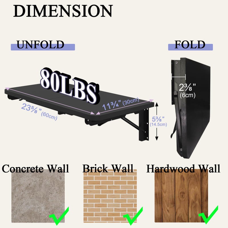 TEAMIX Wall Mounted Folding Table, Black Floating Desk for Small Spaces, Drop Leaf Dining Table for Kitchen Fold Down Laundry Shelf with Heavy-Duty Brackets - Image 4