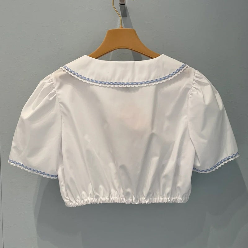 Miu Miu White Short Top Doll Collar Embroidered Stitch Waist Shirt Sweet and Exquisite Summer 2024 White