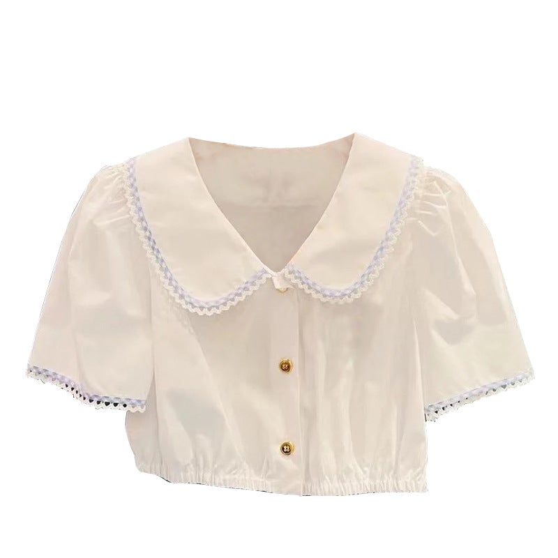 Miu Miu White Short Top Doll Collar Embroidered Stitch Waist Shirt Sweet and Exquisite Summer 2024 White