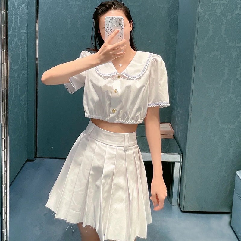 Miu Miu White Short Top Doll Collar Embroidered Stitch Waist Shirt Sweet and Exquisite Summer 2024 White