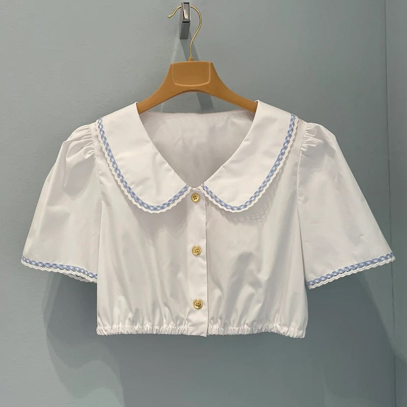 Miu Miu White Short Top Doll Collar Embroidered Stitch Waist Shirt Sweet and Exquisite Summer 2024 White