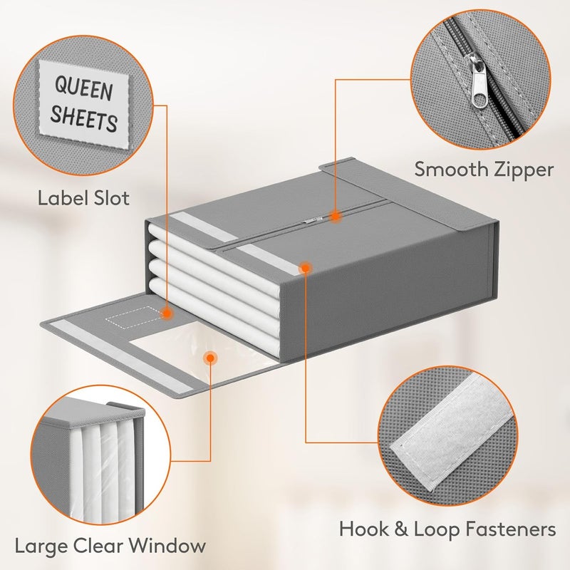 Lifewit 4 Pack Bed Sheet Organizer, Foldable Bedding Sheet Organizers and Storage with Large Clear Window and Label, Sheets Organizer for Linen Closet, Storage Box Bins with Lids for Duvet Cover Set - Image 5