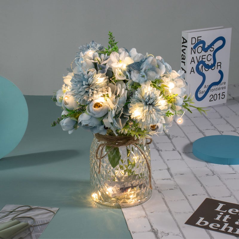 KELINGO Artificial LED Blue Rose Flowers with Glass Vase, Remote Control Led Light, Flower Arrangement for Table Centerpiece, Home Office Wedding Decoration - Image 1