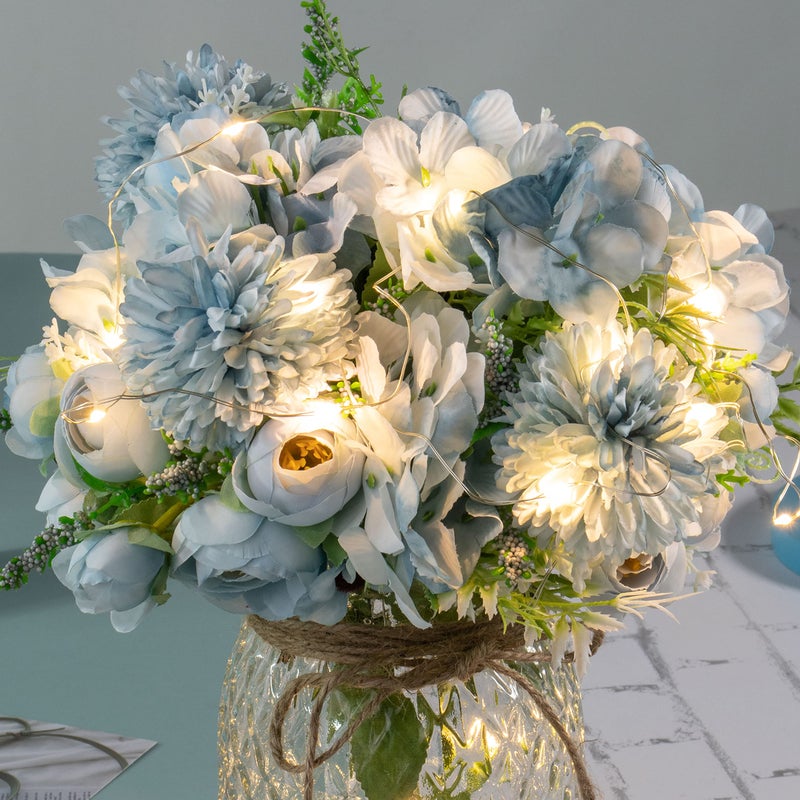 KELINGO Artificial LED Blue Rose Flowers with Glass Vase, Remote Control Led Light, Flower Arrangement for Table Centerpiece, Home Office Wedding Decoration - Image 2