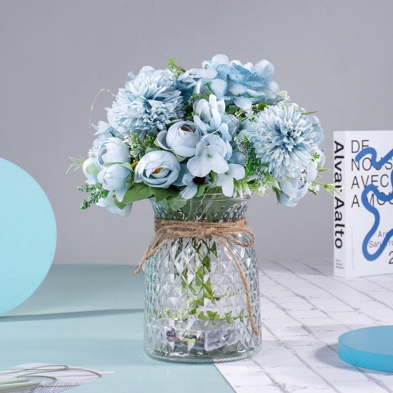 KELINGO Artificial LED Blue Rose Flowers with Glass Vase, Remote Control Led Light, Flower Arrangement for Table Centerpiece, Home Office Wedding Decoration - Image 3