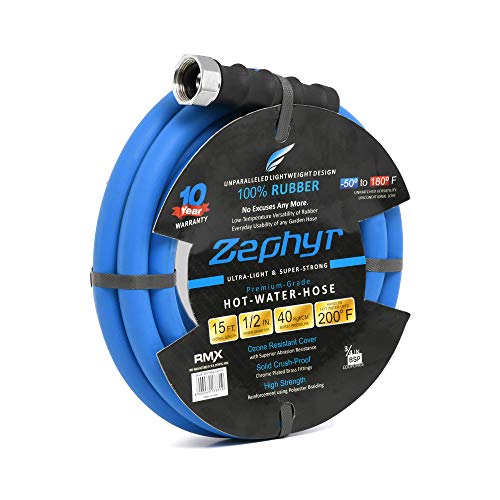 Zephyr Ultra-Performance Rubber Garden Hose - 1/2" x 15' (4.57m) w/ 10 year Warranty - With Brass End-fittings, Blue - Image 1