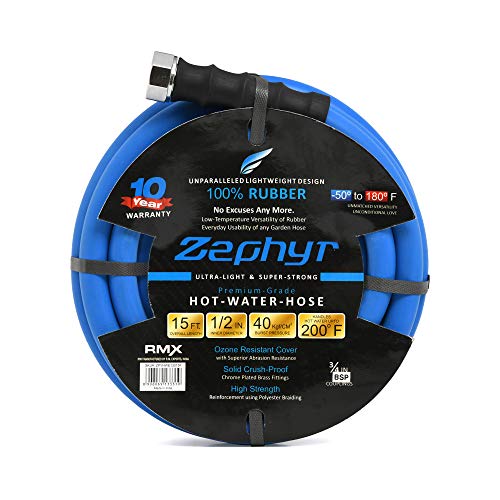 Zephyr Ultra-Performance Rubber Garden Hose - 1/2" x 15' (4.57m) w/ 10 year Warranty - With Brass End-fittings, Blue - Image 2