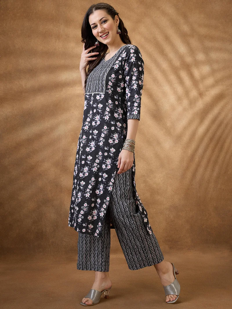 globus Women Black Keyhole Neck Floral Print Gotta Lace Straight Kurta & Wide Leg Pants Workwear Set