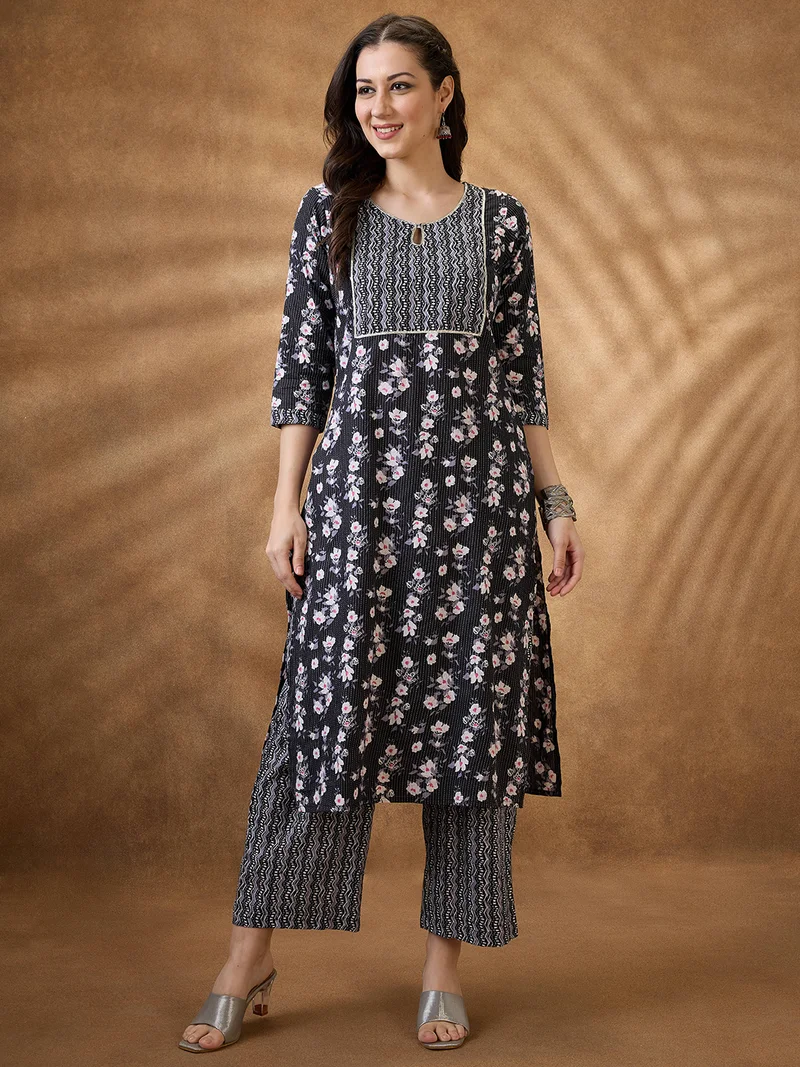 globus Women Black Keyhole Neck Floral Print Gotta Lace Straight Kurta & Wide Leg Pants Workwear Set