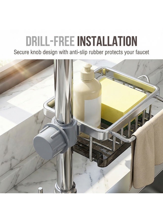 TaiRan 1 Piece Aluminum Alloy Kitchen Faucet Storage Rack, Multifunctional Sink Caddy with Drain Tray & Hooks, Hanging Organizer for Sponge, Soap, Brush - Image 4