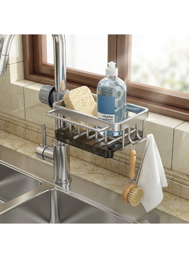 TaiRan 1 Piece Aluminum Alloy Kitchen Faucet Storage Rack, Multifunctional Sink Caddy with Drain Tray & Hooks, Hanging Organizer for Sponge, Soap, Brush - Image 3