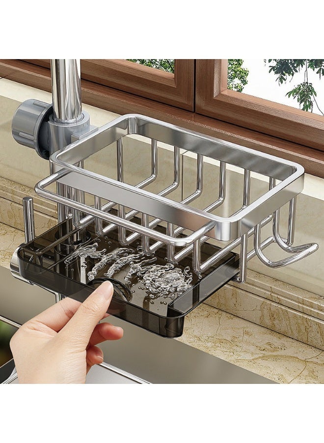 TaiRan 1 Piece Aluminum Alloy Kitchen Faucet Storage Rack, Multifunctional Sink Caddy with Drain Tray & Hooks, Hanging Organizer for Sponge, Soap, Brush - Image 2