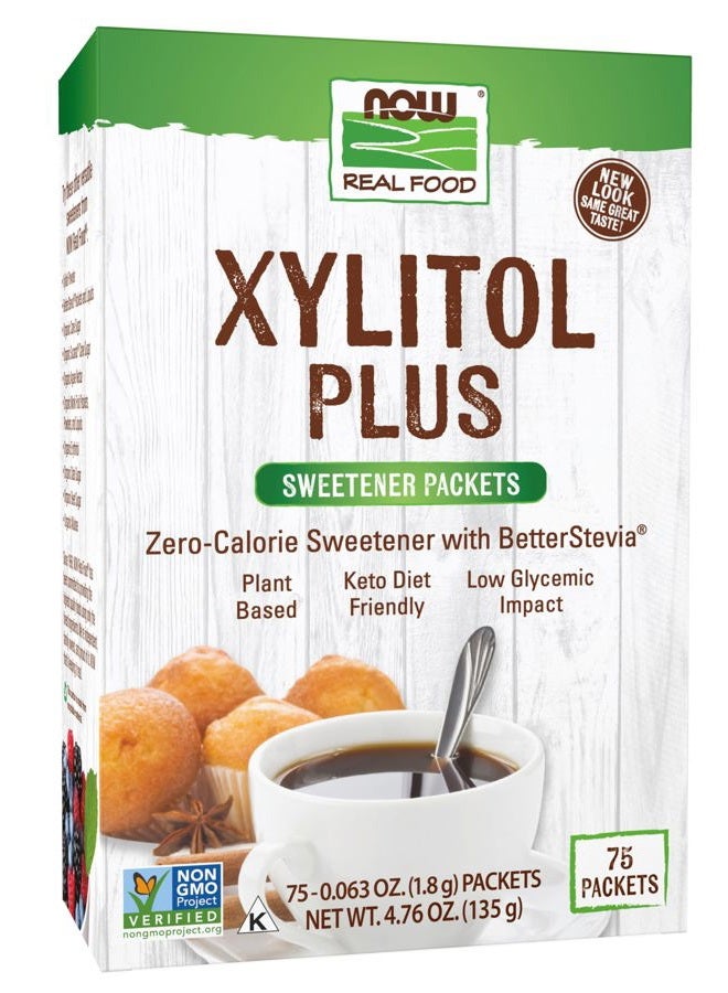 now , Xylitol Plus Sweetener Packets with BetterStevia®, Zero Calories, Low Glycemic Impact, 75 Packets (Packaging May Vary) - Image 1