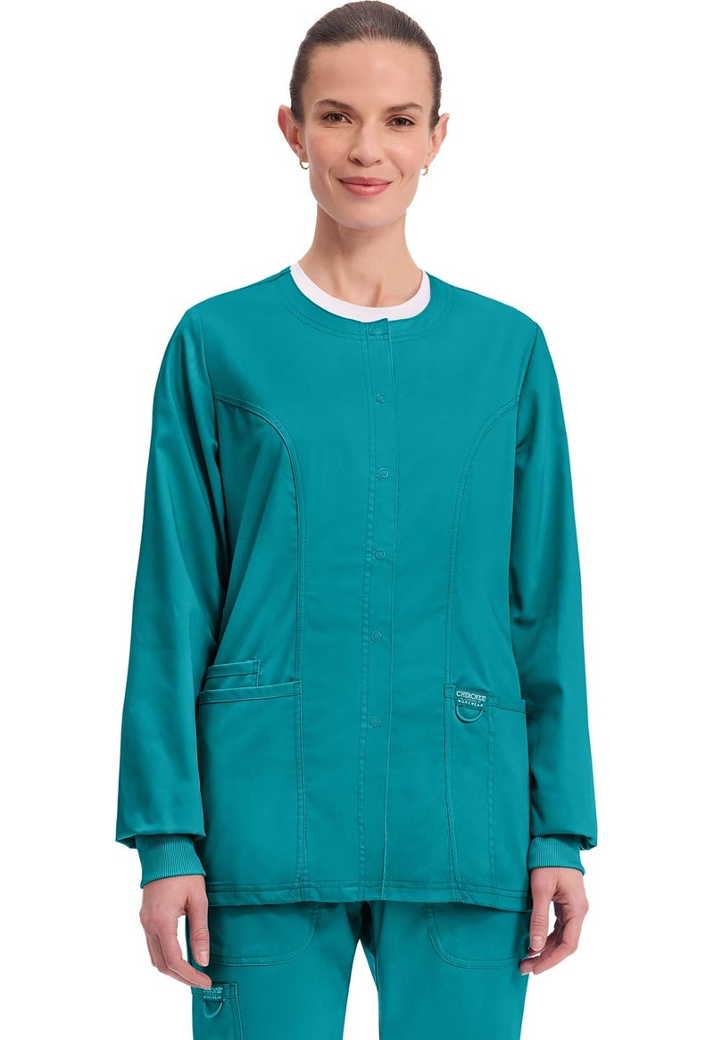 Cherokee Women's Snap Front Warm-up Jacket, Teal Blue, Small - Image 1