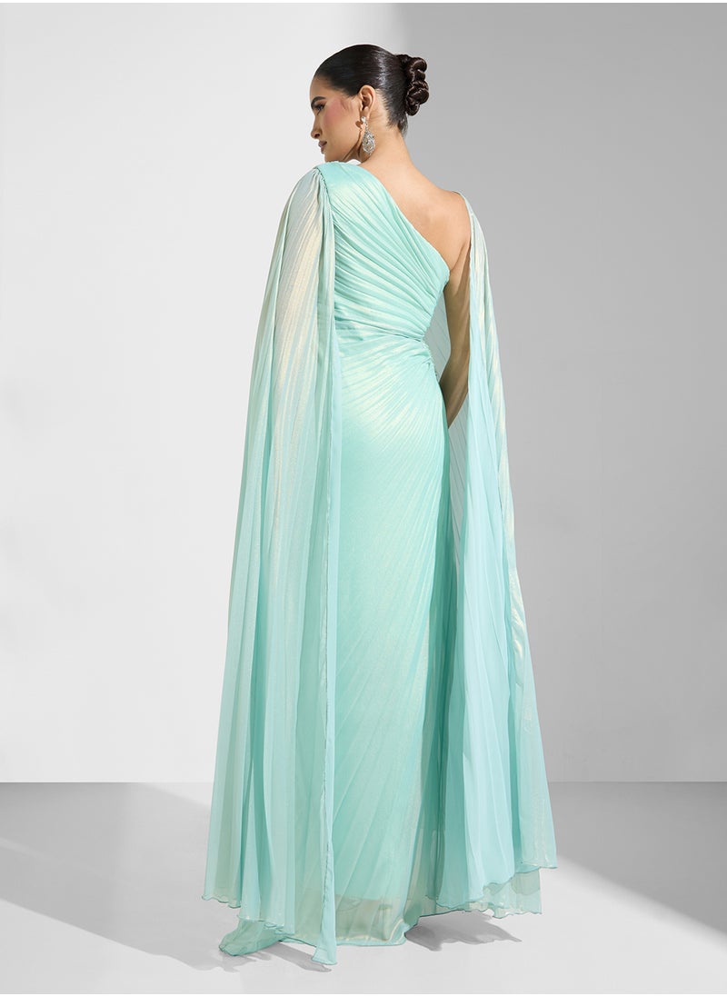 Namshi x Pleated Shimmer Draped Evening Dress With Trail  - Image 2