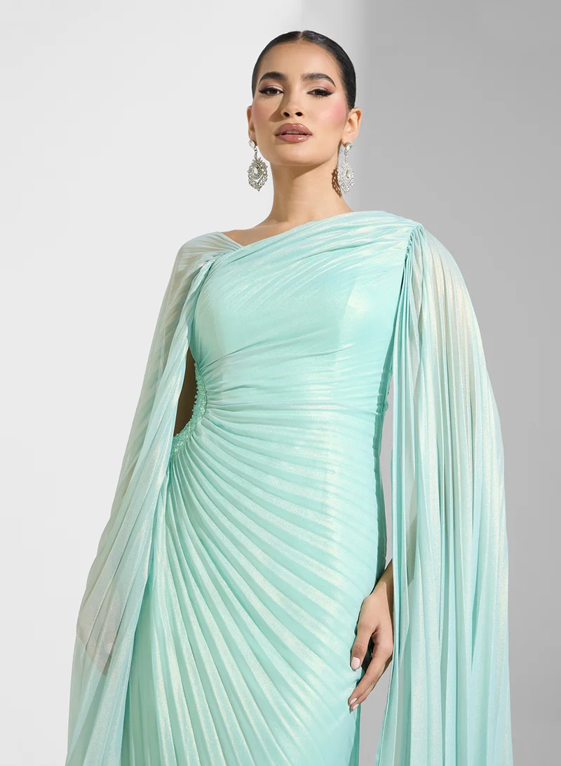 نمشي x Pleated Shimmer Draped Evening Dress With Trail