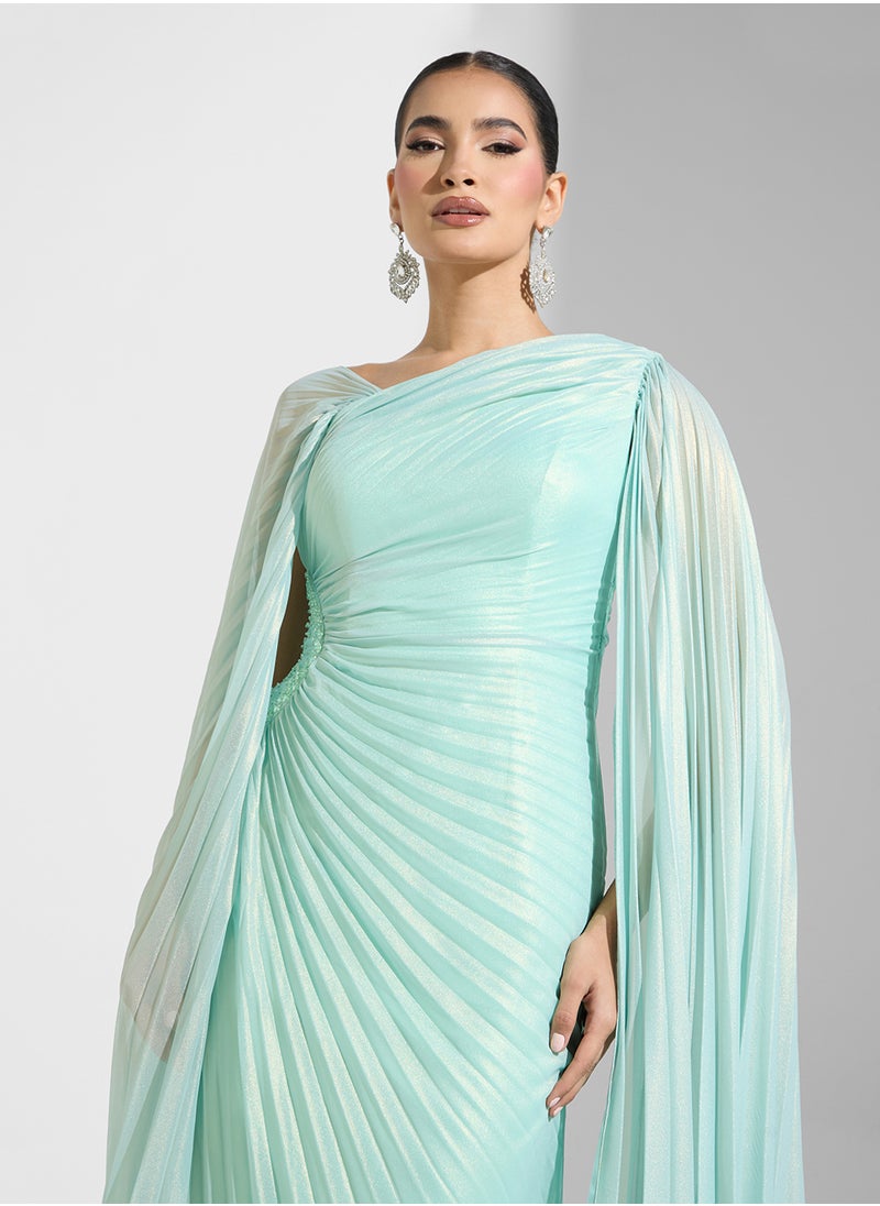 Namshi x Pleated Shimmer Draped Evening Dress With Trail  - Image 3