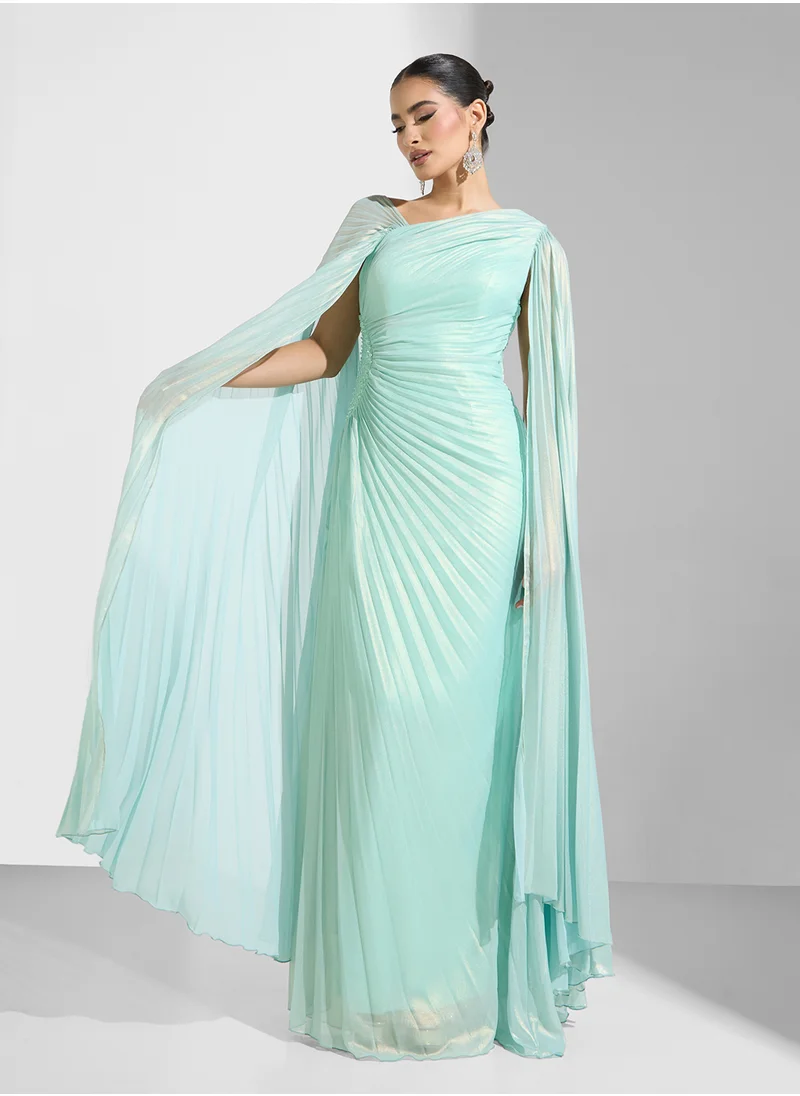 نمشي x Pleated Shimmer Draped Evening Dress With Trail