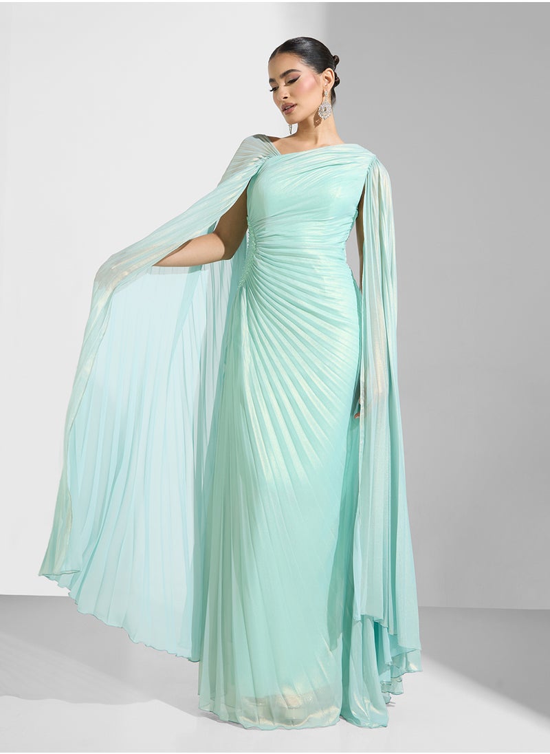 Namshi x Pleated Shimmer Draped Evening Dress With Trail  - Image 1