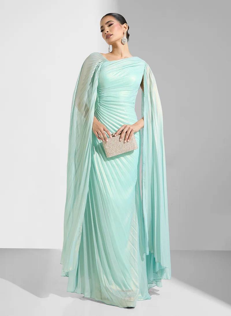 نمشي x Pleated Shimmer Draped Evening Dress With Trail