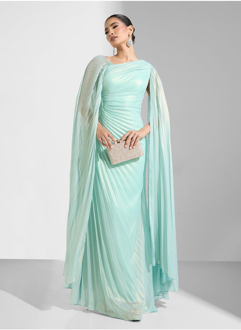 Namshi x Pleated Shimmer Draped Evening Dress With Trail  - Image 5