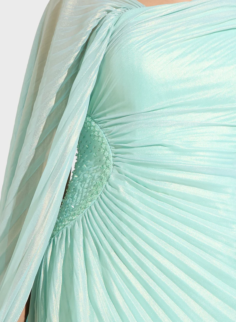 نمشي x Pleated Shimmer Draped Evening Dress With Trail