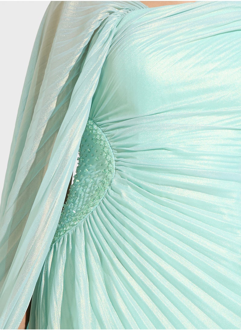 Namshi x Pleated Shimmer Draped Evening Dress With Trail  - Image 4