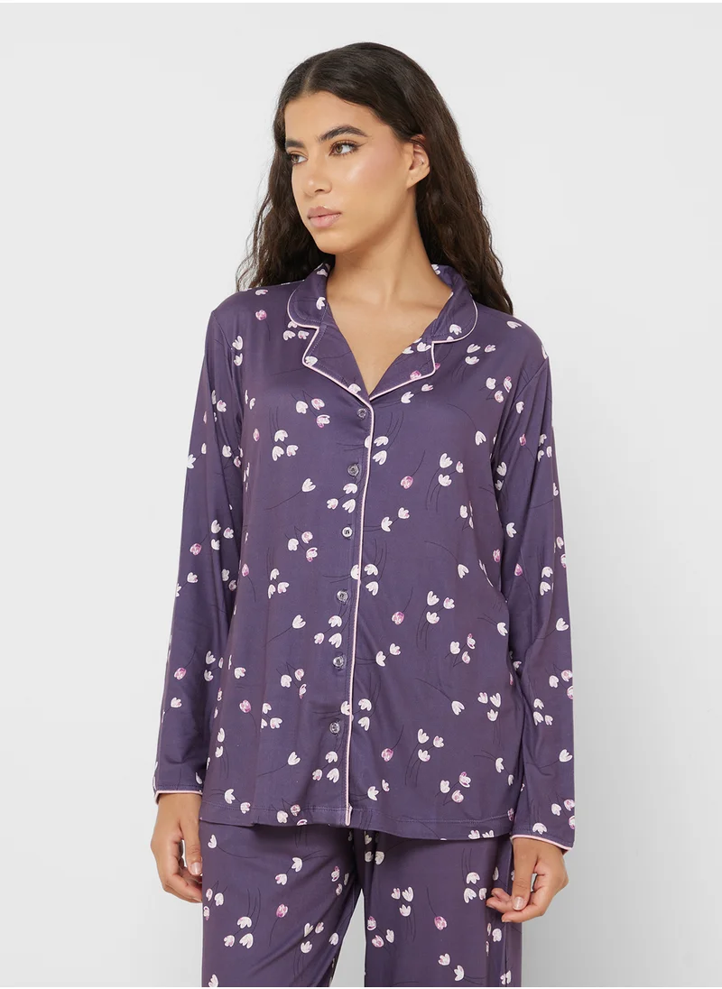 Ginger Floral Print Cotton Shirt & Pyjama Set
