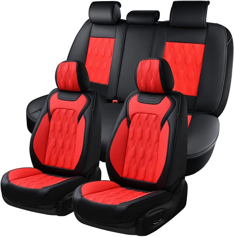 Coverado Car Seat Cover Full Set, Leather Seat Covers for Front and Rear, Waterproof Seat Covers 5 Seats, Luxury Car Seat Protectors Driver Seat Cushions Universal for Most Vehicles, Red - Image 1