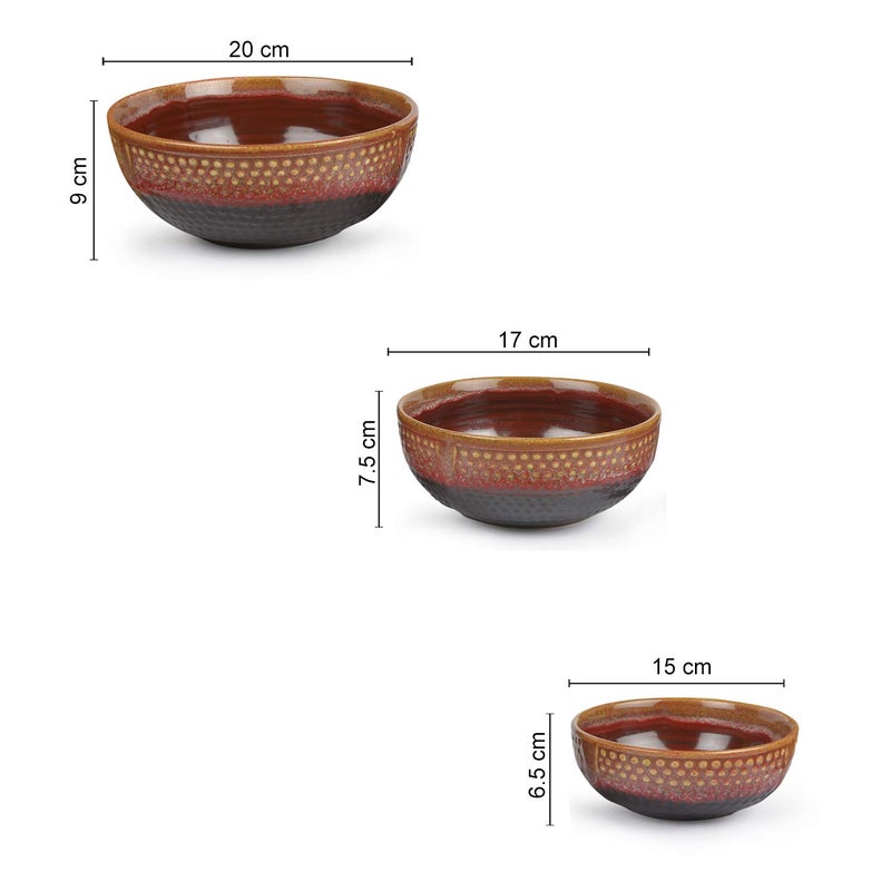 StyleMyWay Studio Pottery Ceramic Serving Bowls (Set of 3, Crimson Red, Black) | Dinner Serving Set | Stackable Kitchen Set - Image 5