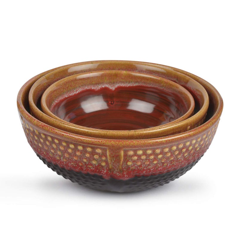 StyleMyWay Studio Pottery Ceramic Serving Bowls (Set of 3, Crimson Red, Black) | Dinner Serving Set | Stackable Kitchen Set - Image 3