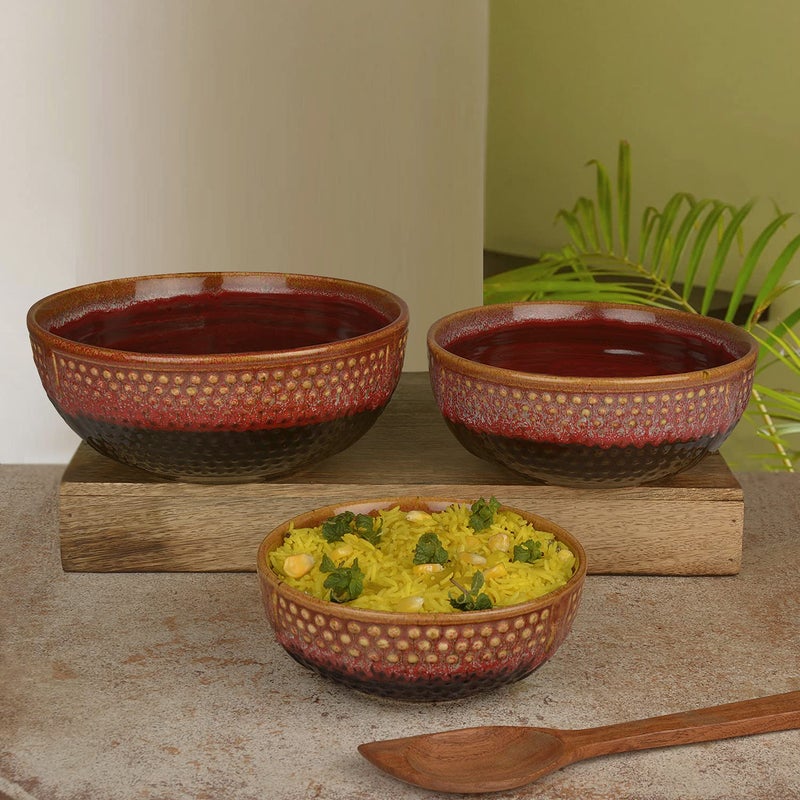 StyleMyWay Studio Pottery Ceramic Serving Bowls (Set of 3, Crimson Red, Black) | Dinner Serving Set | Stackable Kitchen Set - Image 1