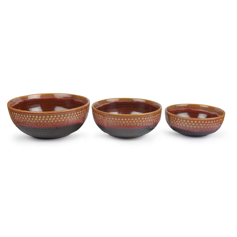 StyleMyWay Studio Pottery Ceramic Serving Bowls (Set of 3, Crimson Red, Black) | Dinner Serving Set | Stackable Kitchen Set - Image 2